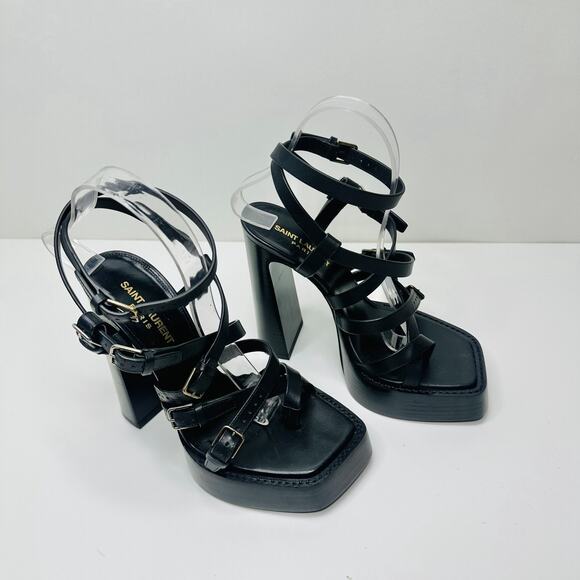 Saint Laurent Platz 38/ US 8 Multi Buckle Strappy Platform Sandal Black Leather - Picture 4 of 14